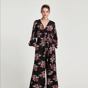 Zara Floral Print Surplice Belted Jumpsuit Size XS